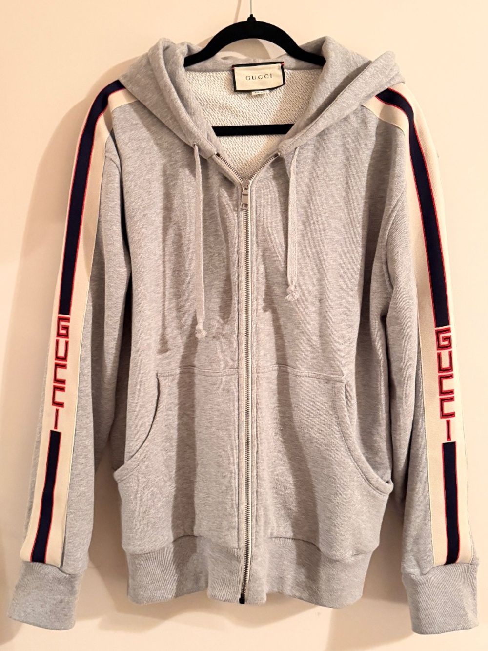 GUCCI Logo Stripe Sweatshirt Jacket Hoodie Grey Large Size